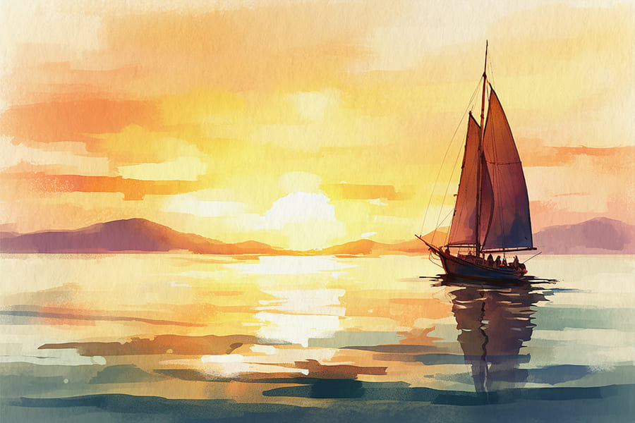 Sunset Sailboat Watercolor wallpaper mural