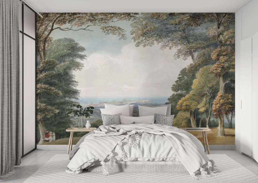 Painted vintage landscape with trees and distant scenery
