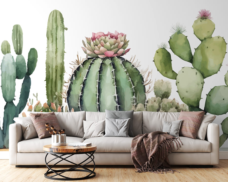 Watercolor cacti and flowering succulents