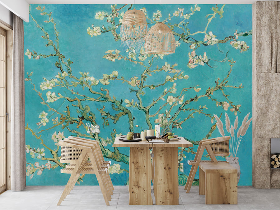 Painted white almond blossoms on a blue background