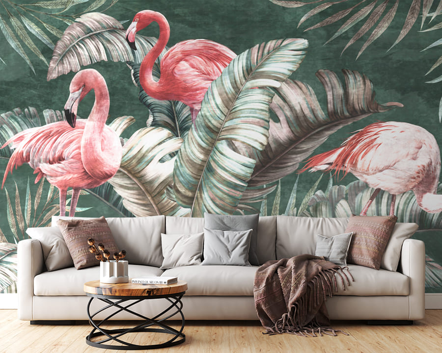 Artistic flamingos arranged in a decorative tropical scene
