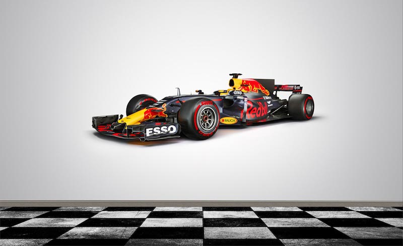 Formula 1 racing car in a dynamic high-speed composition