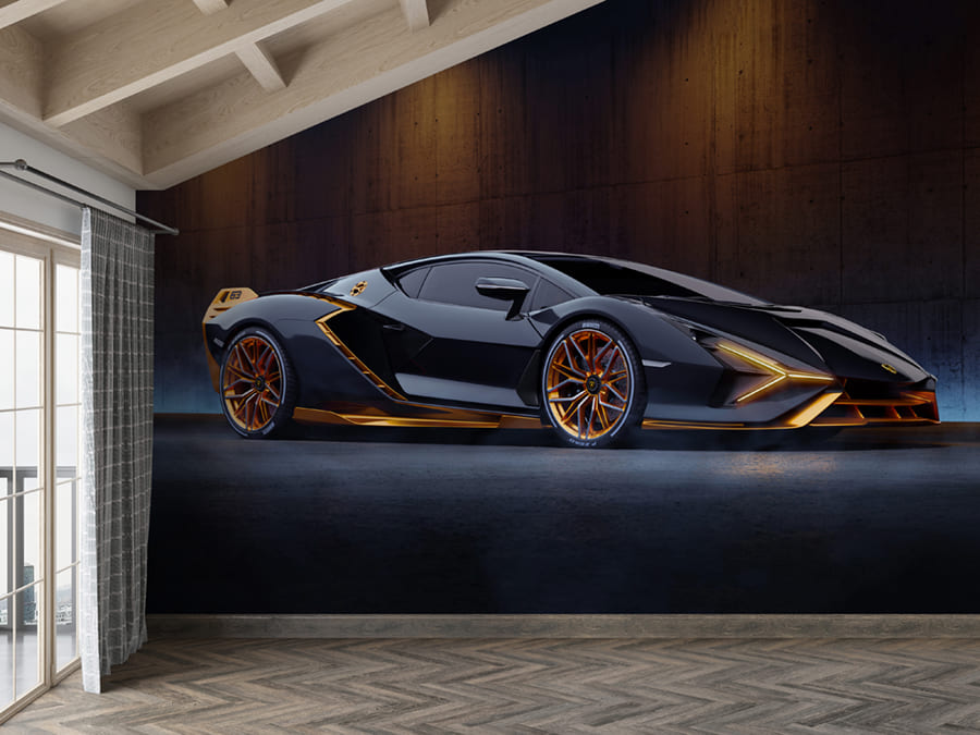 Black Lamborghini sports car with gold accents against a dark background