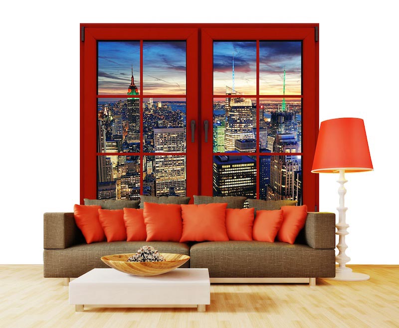 Panoramic Manhattan skyline illuminated in the evening