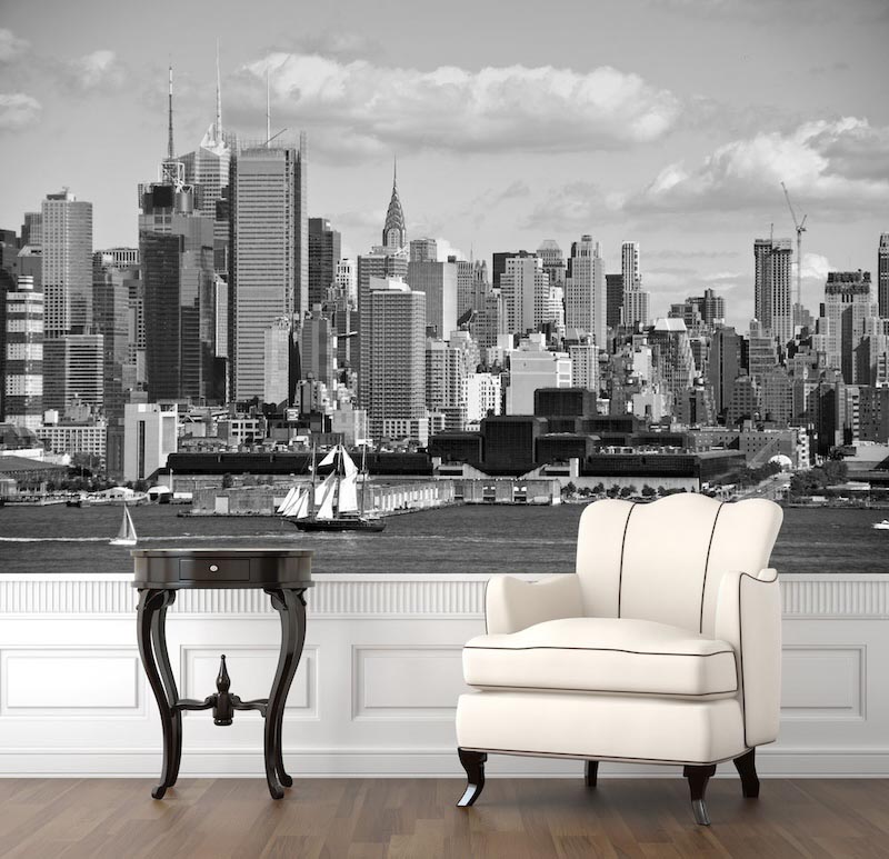 Urban skyline and buildings photographed in black and white