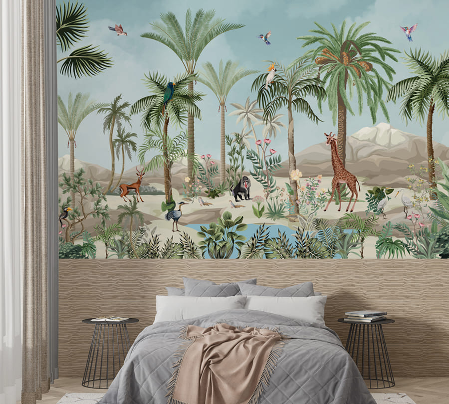 Illustrated safari animals gathered among palm trees and tropical plants