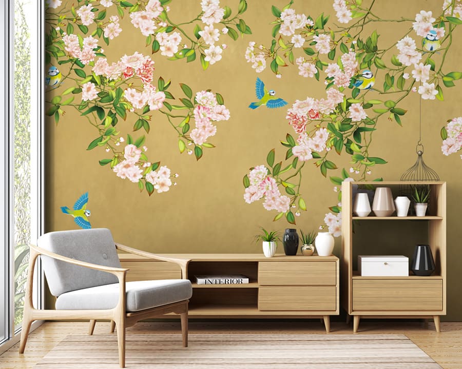 Flowering Chinoiserie branches with small birds