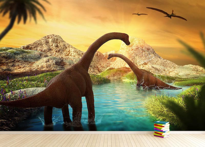 Dinosaurs pictured in a prehistoric landscape