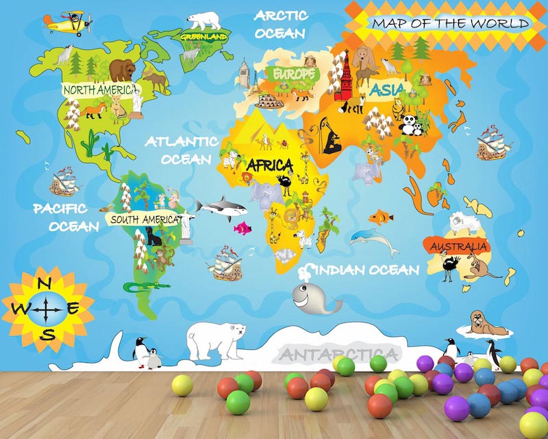 Colourful illustrated world map designed for a child’s room