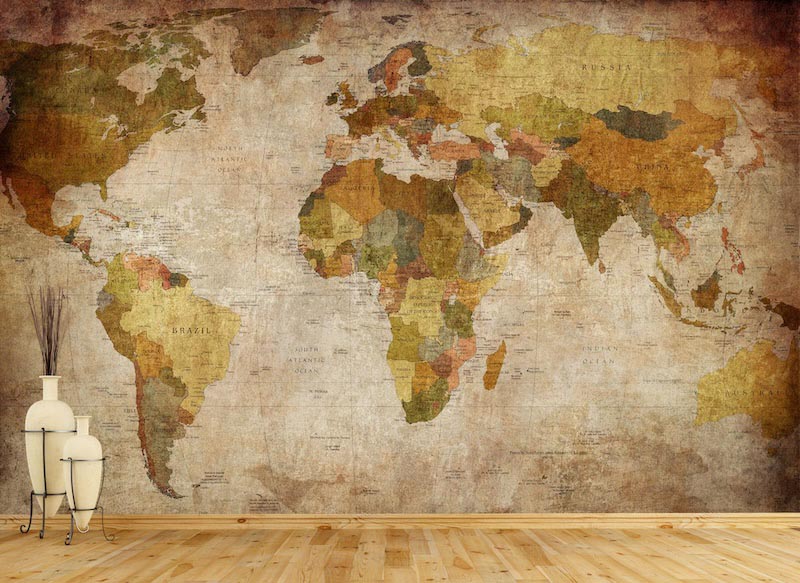 Contemporary world map with refined neutral colours and cartographic details