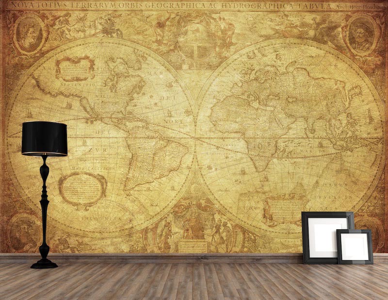 Antique 1630 world map with sepia colouring and aged parchment details