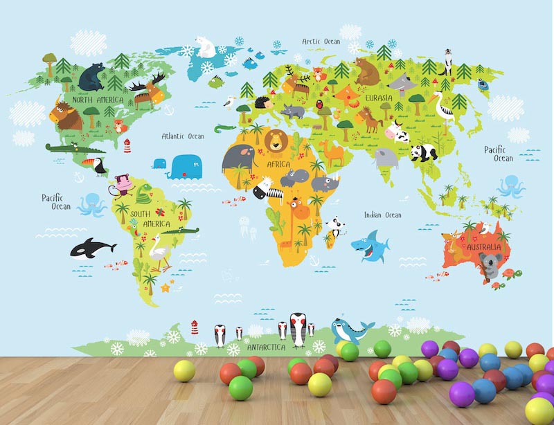 Illustrated world map featuring animals from different regions