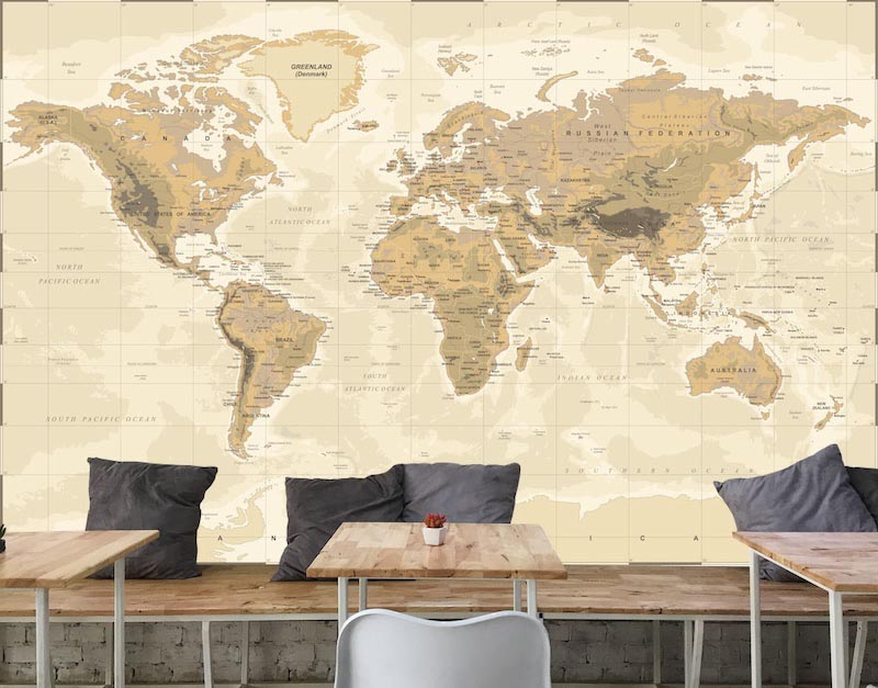Vintage physical world map in muted earth tones with topographic detail