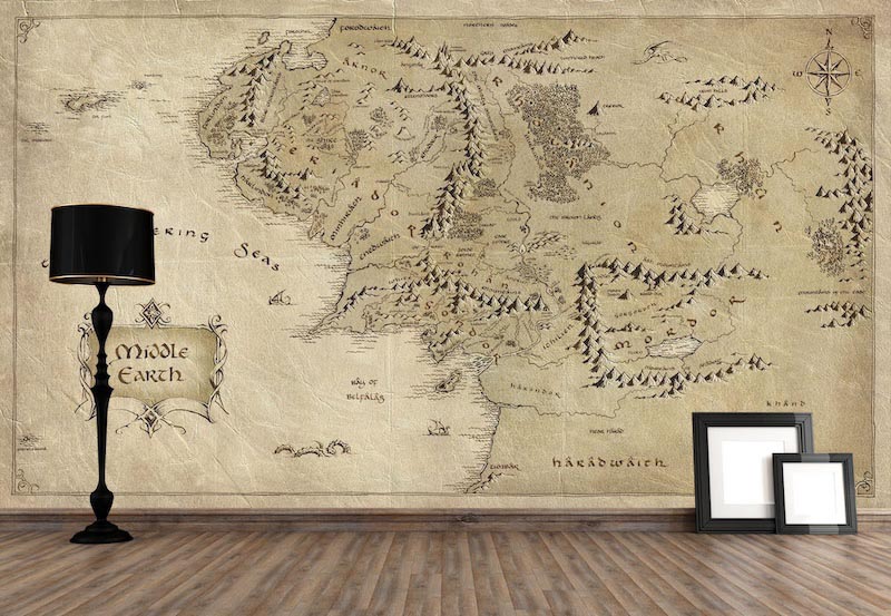 Aged fantasy map with detailed fictional lands and parchment colouring