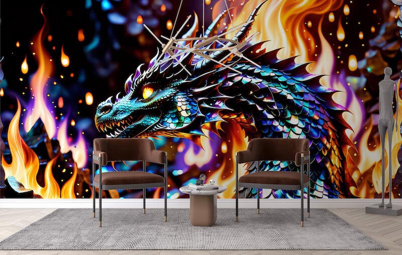 Fantasy dragon illustrated with blue, red and glowing gold colours