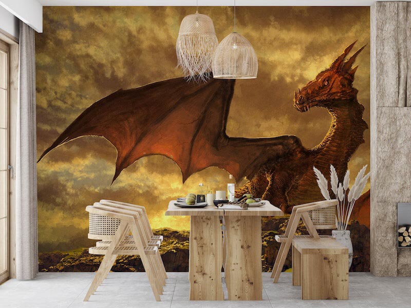 Majestic dragon painting with deep crimson tones and detailed scales