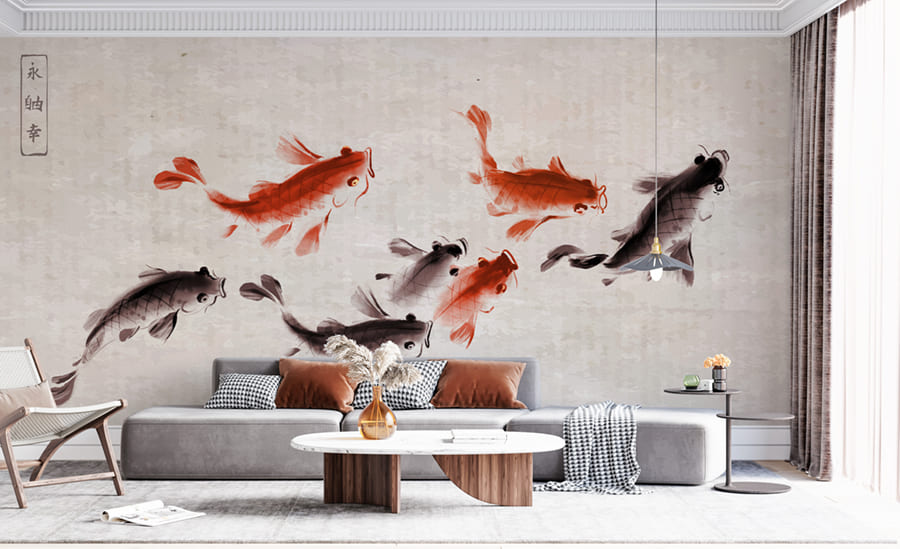 Decorative koi fish swimming through an aquatic composition