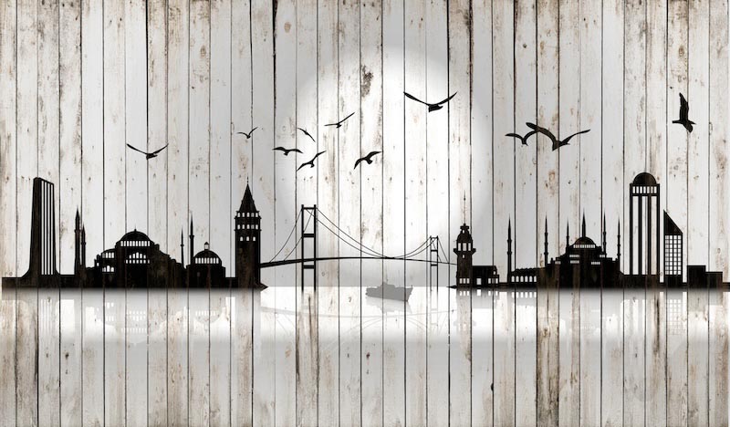 Istanbul silhouette on the wooden wall - 3D wallpaper decoration