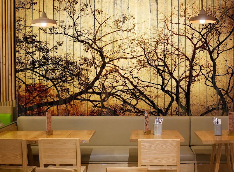 Art on wooden wall - Photo wallpaper decor applied