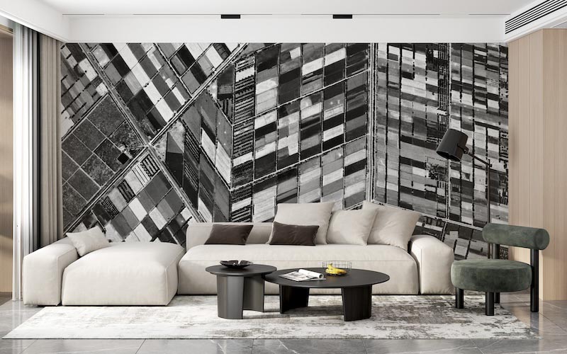 Monochrome Fields Abstract Art Wallpaper Mural - Black & White Sophistication Application