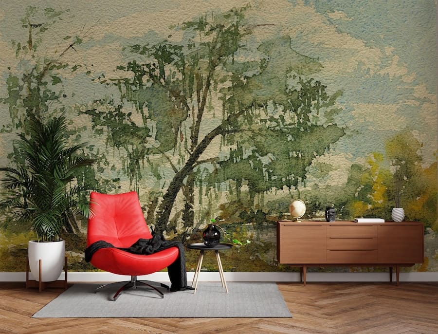 Vintage Watercolor Forest Wallpaper Mural Applied On Wall