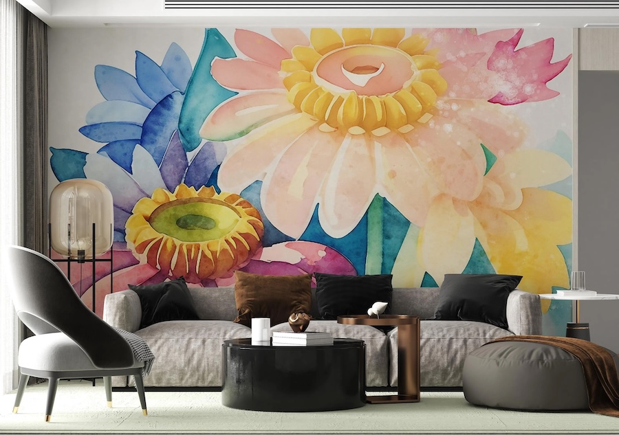 Oversized Watercolor Flowers Wallpaper Mural Applied On Wall