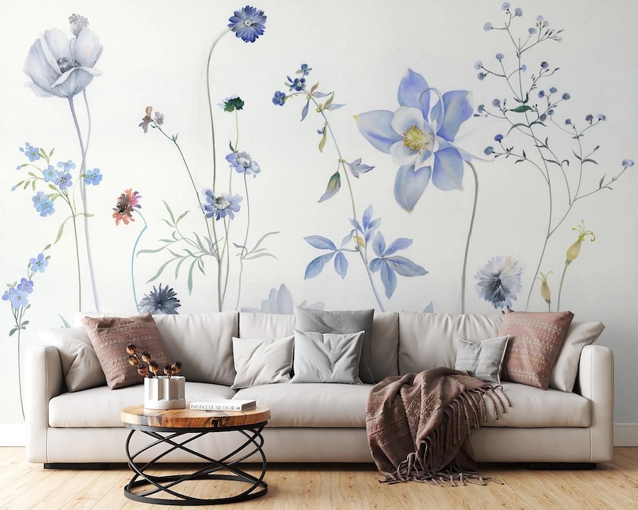 Delicate Blue Wildflower Watercolor Wallpaper Mural Applied On Wall