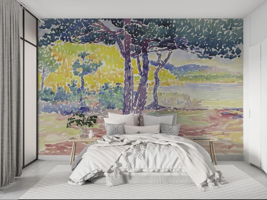 Colorful Pine Grove Painting Wallpaper Mural Applied On Wall