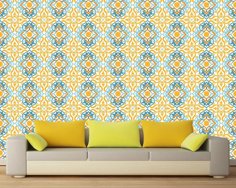 Turquoise and orange - Photo wallpaper decor applied