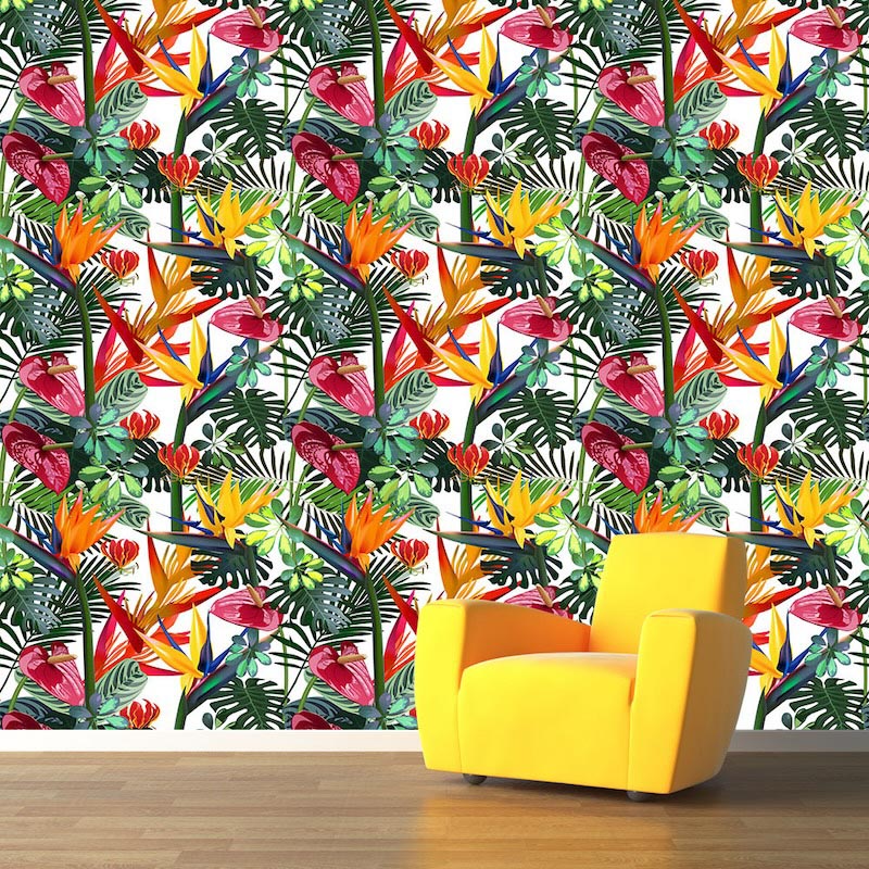 Tropical floral pattern - 3D wallpaper decoration applied