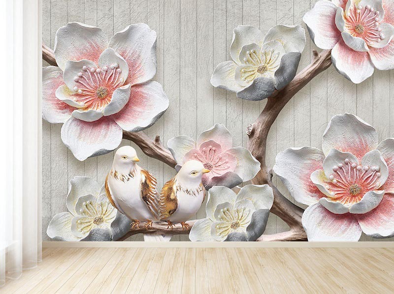 Flowers on wood - 3D wallpaper decoration applied