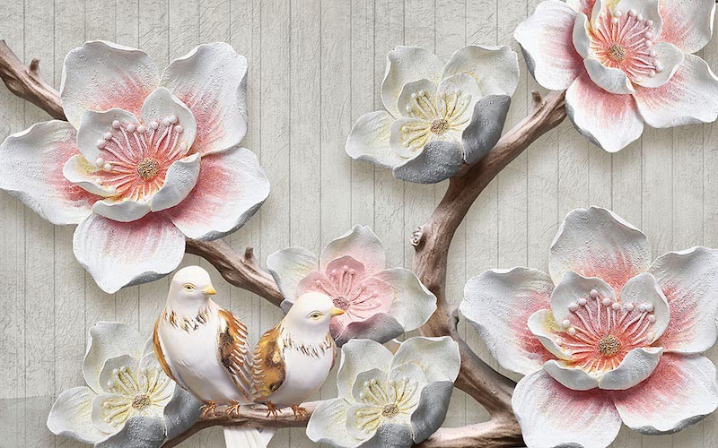 Flowers on wood - 3D wallpaper decoration