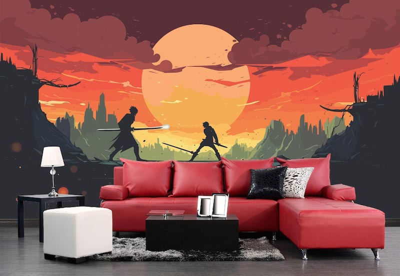 Samurai Duel at Dawn Wallpaper Mural | Anime Battle Wall Decor - Application