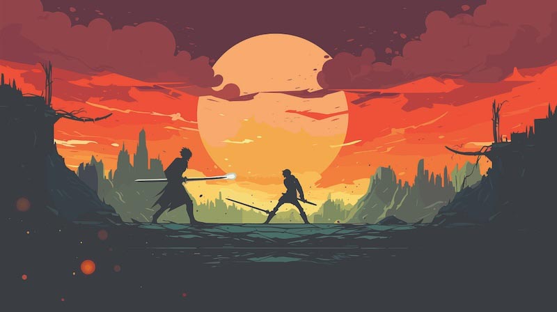 Samurai Duel at Dawn Wallpaper Mural | Anime Battle Wall Decor
