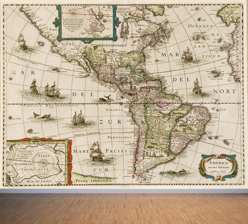 Old map of america - 3D wallpaper decoration applied