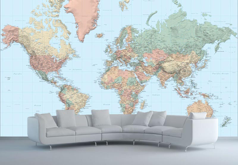 World map in dark tones - 3D wallpaper for wall applied