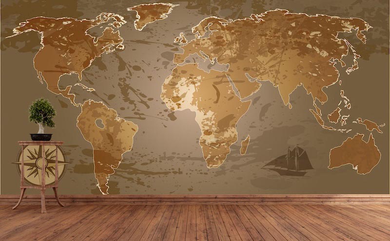 World map in brown tones - Mural wallpaper applied