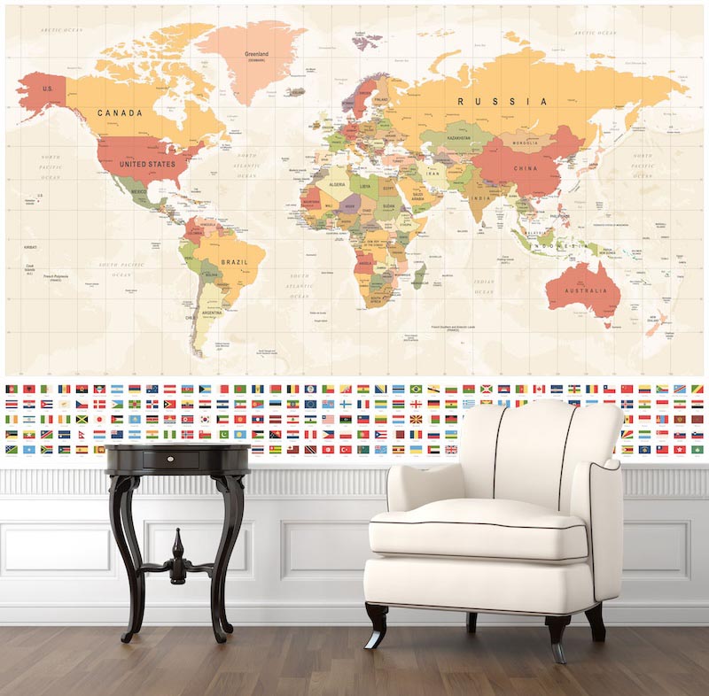 Flags and world map - Photo wallpaper decor applied