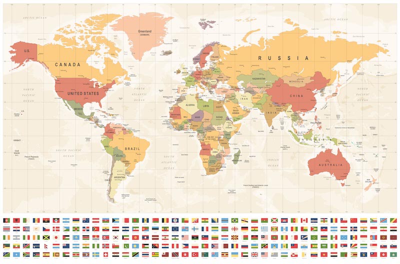 Flags and world map - Photo wallpaper decor