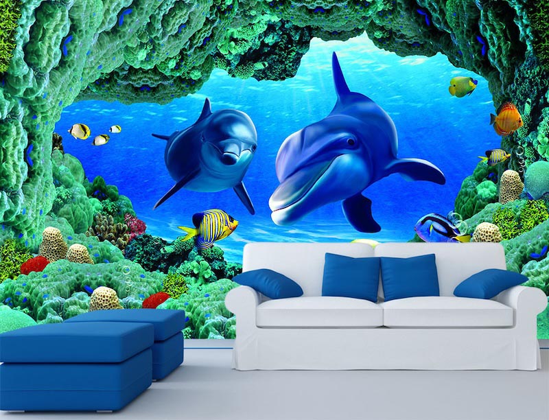 Dolphins under water - Mural wallpaper applied