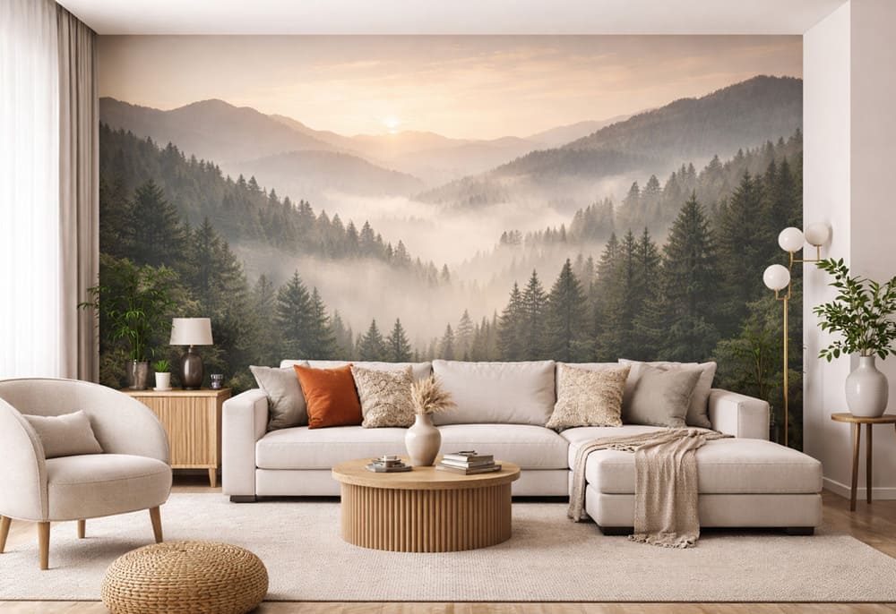 Custom 3D photo wallpaper installed on a living room wall - 3dwallpaperdecor.com