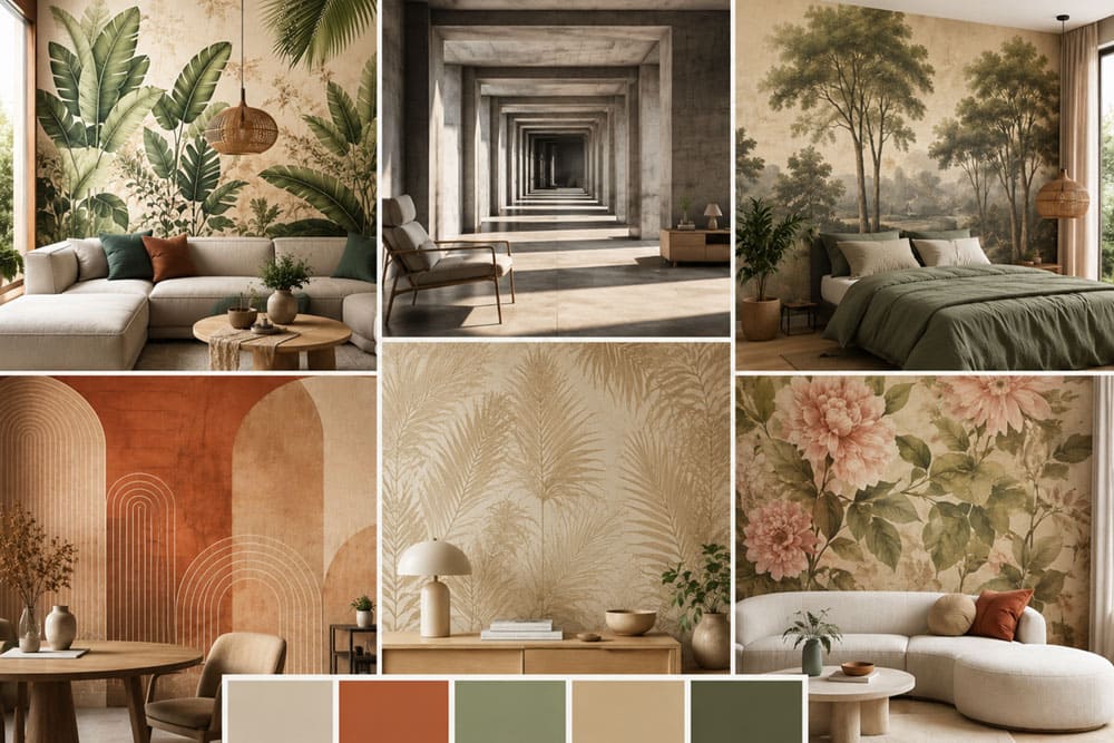 Collage of the latest wallpaper trends for 2025-2026, featuring botanical patterns, 3D effects and terracotta colour palettes