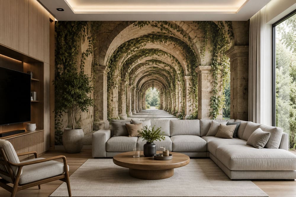 3D photographic wallpaper with a depth effect installed in a modern living room