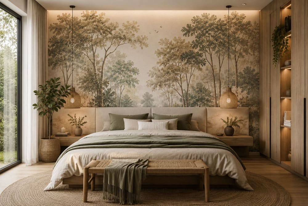 Nature-inspired wallpaper in a neutral colour palette installed on the wall behind a bed, reflecting a leading 2026 trend