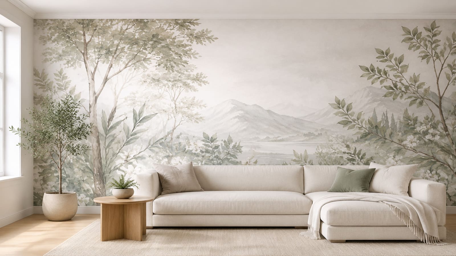 A completed made-to-measure wallpaper mural in a bright room