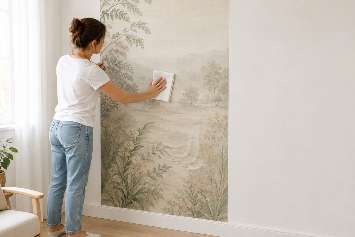 Smoothing wallpaper gently with a clean soft cloth