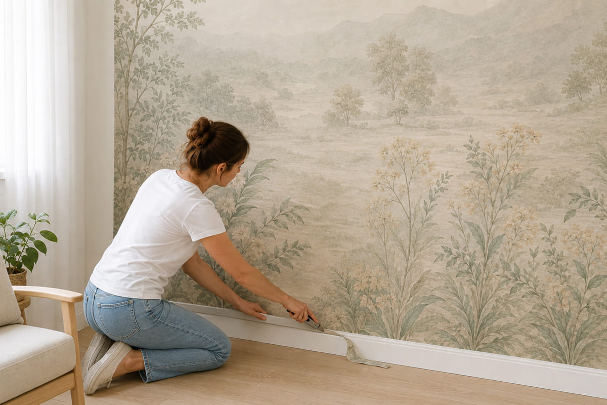 Trimming excess wallpaper at the ceiling and floor