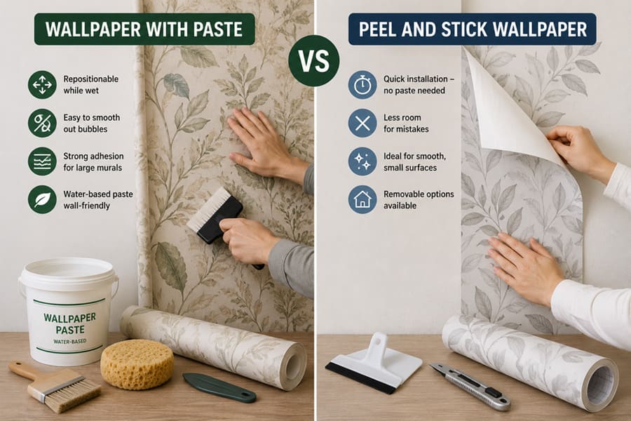 Wallpaper with paste compared with peel and stick wallpaper during installation