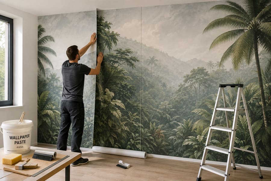 Installing a large wall mural panel by panel with wallpaper paste